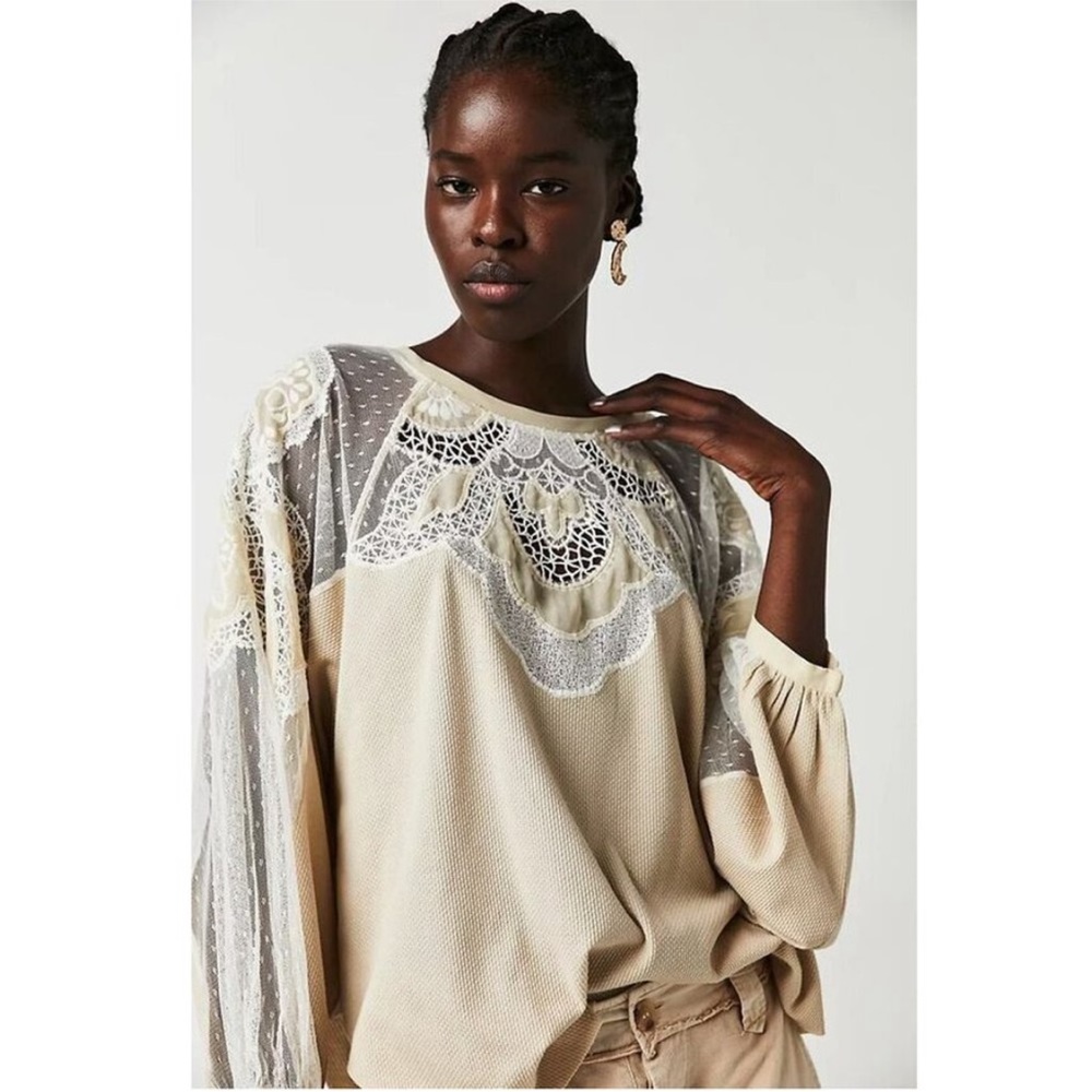 Free People Toni Top Cream Mesh Relaxed Fit